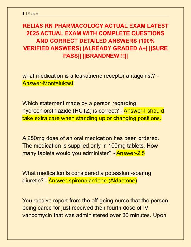 RELIAS RN PHARMACOLOGY ACTUAL EXAM LATEST 2025 ACTUAL EXAM WITH COMPLETE QUESTIONS AND CORRECT DETAILED ANSWERS