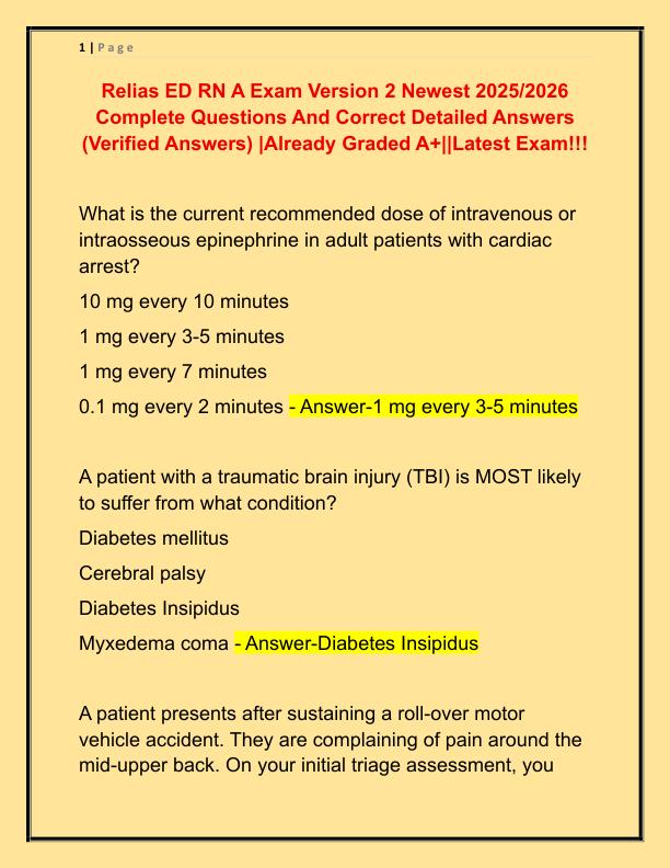 Relias ED RN A Exam Version 2 Newest 2025