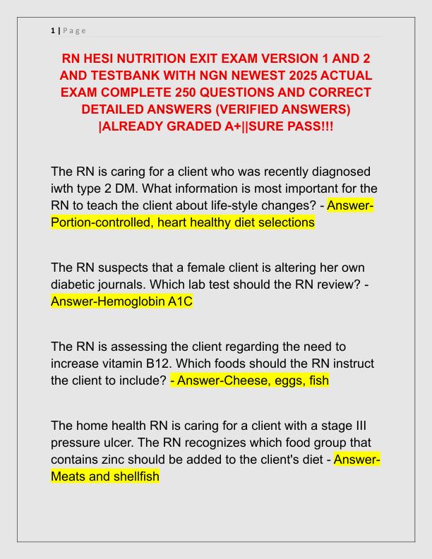 RN HESI NUTRITION EXIT EXAM VERSION 1 AND 2 AND TESTBANK WITH NGN NEWEST 2025 ACTUAL EXAM COMPLETE 250 QUESTIONS AND CORRECT DETAILED ANSWERS
