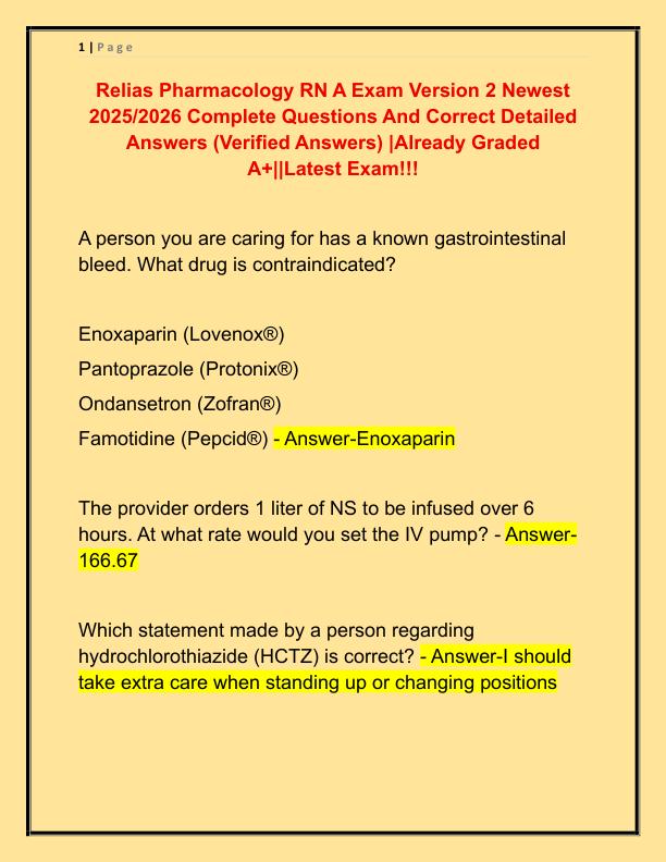 Relias Pharmacology RN A Exam Version 2 Newest 2025