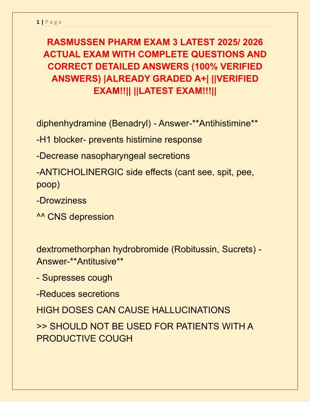 RASMUSSEN PHARM EXAM 3 LATEST 2025