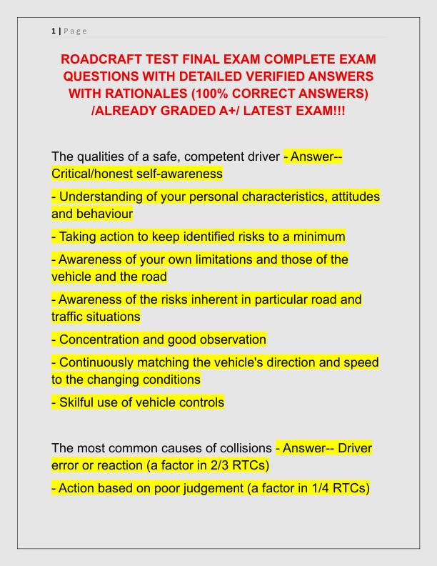ROADCRAFT TEST FINAL EXAM COMPLETE EXAM QUESTIONS WITH DETAILED VERIFIED ANSWERS WITH RATIONALES