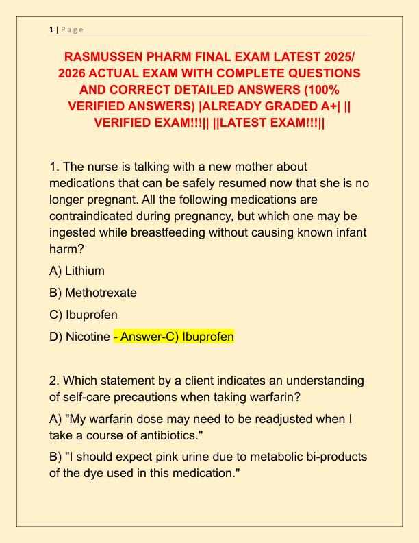 RASMUSSEN PHARM FINAL EXAM LATEST 2025