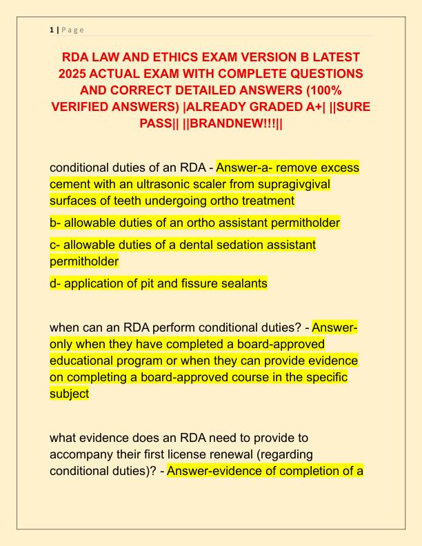 RDA LAW AND ETHICS EXAM VERSION B LATEST 2025 ACTUAL EXAM WITH COMPLETE QUESTIONS AND CORRECT DETAILED ANSWERS