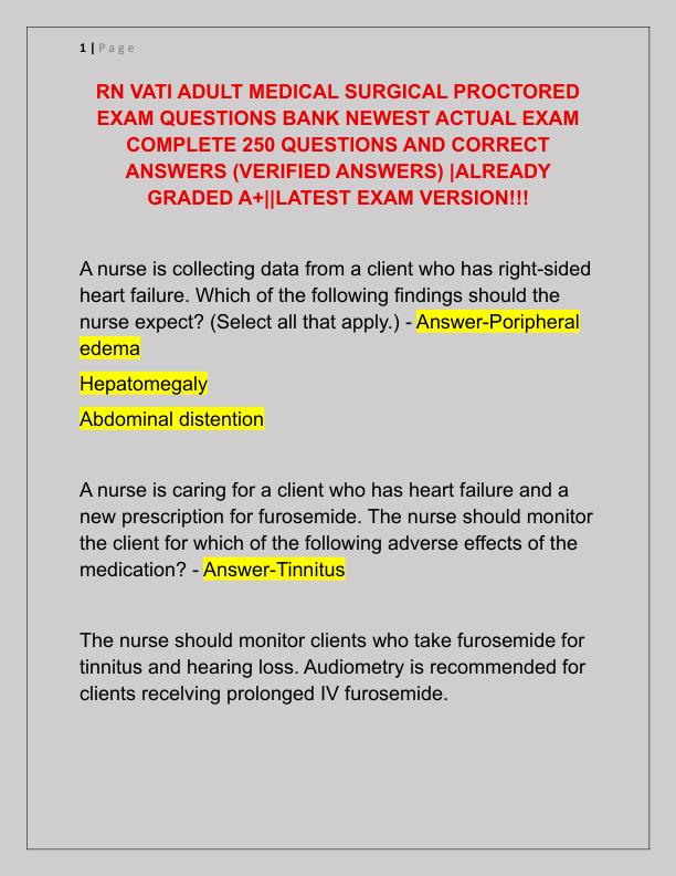 RN VATI ADULT MEDICAL SURGICAL PROCTORED EXAM QUESTIONS BANK NEWEST ACTUAL EXAM COMPLETE 250 QUESTIONS AND CORRECT ANSWERS
