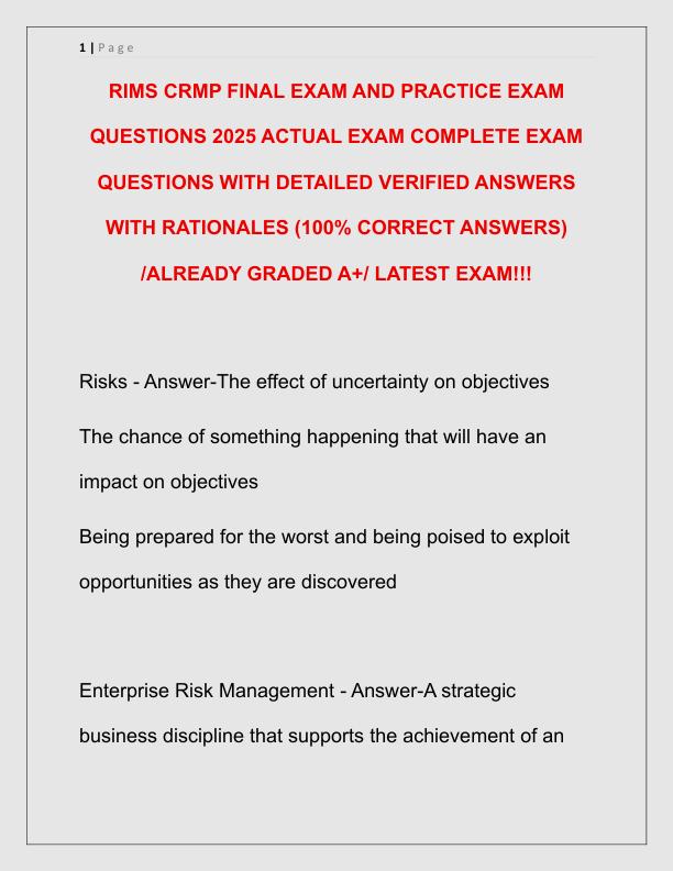 RIMS CRMP FINAL EXAM AND PRACTICE EXAM QUESTIONS 2025 ACTUAL EXAM COMPLETE EXAM QUESTIONS WITH DETAILED VERIFIED ANSWERS WITH RATIONALES