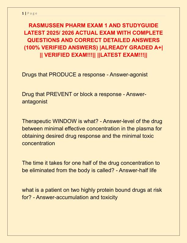 RASMUSSEN PHARM EXAM 1 AND STUDYGUIDE LATEST 2025