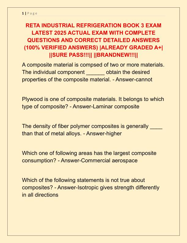 RETA INDUSTRIAL REFRIGERATION BOOK 3 EXAM LATEST 2025 ACTUAL EXAM WITH COMPLETE QUESTIONS AND CORRECT DETAILED ANSWERS