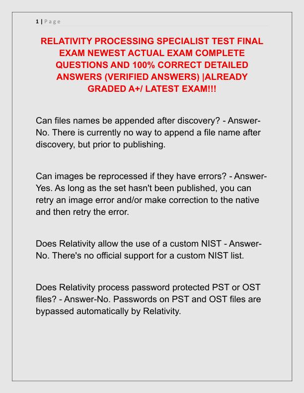 RELATIVITY PROCESSING SPECIALIST TEST FINAL EXAM NEWEST ACTUAL EXAM COMPLETE QUESTIONS AND 100