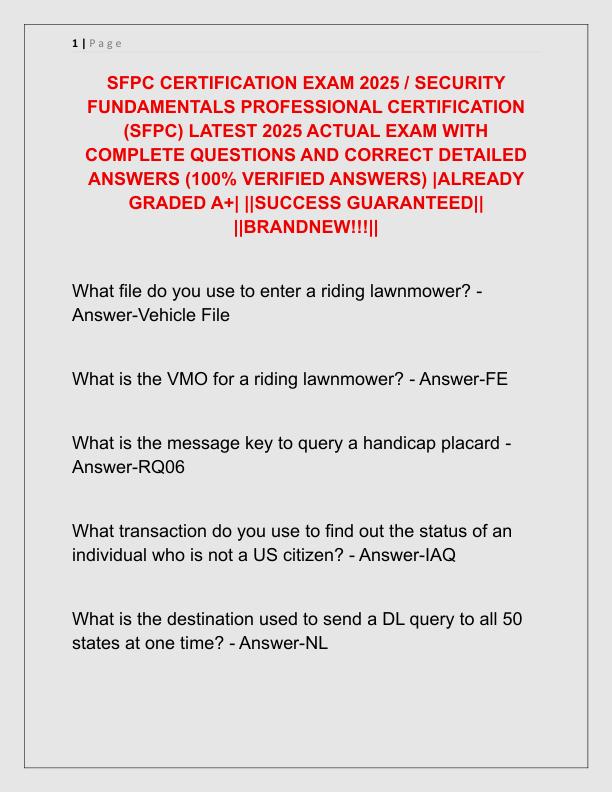 SFPC CERTIFICATION EXAM 2025