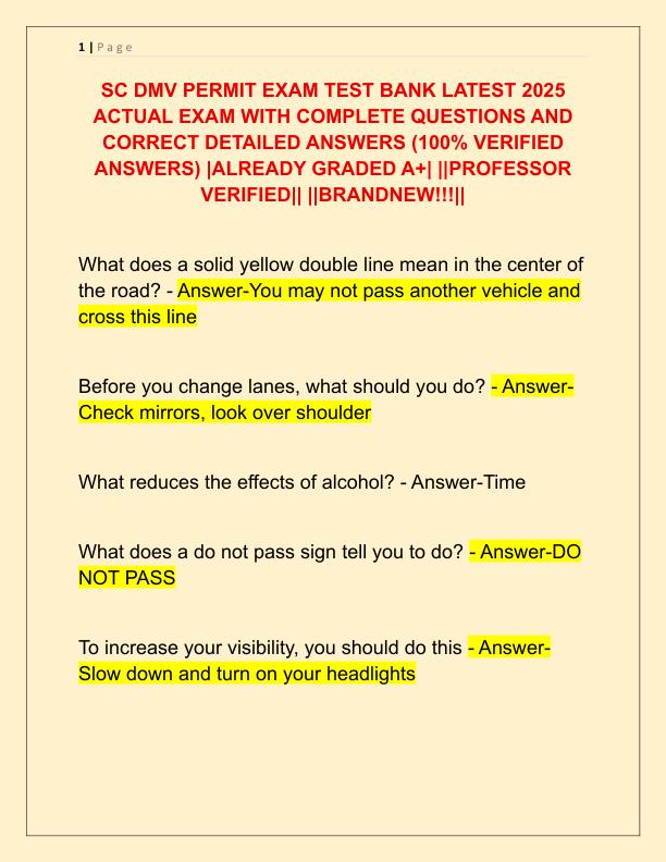 SC DMV PERMIT EXAM TEST BANK LATEST 2025 ACTUAL EXAM WITH COMPLETE QUESTIONS AND CORRECT DETAILED ANSWERS