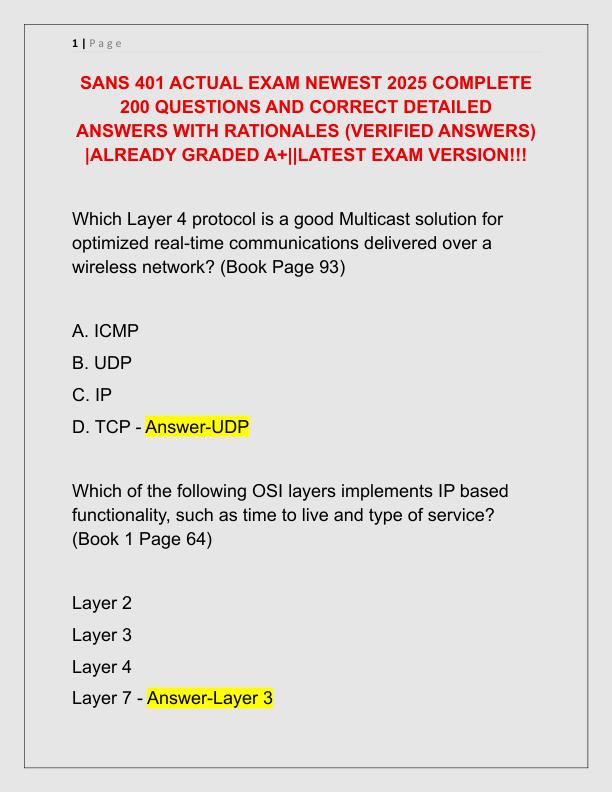 SANS 401 ACTUAL EXAM NEWEST 2025 COMPLETE 200 QUESTIONS AND CORRECT DETAILED ANSWERS WITH RATIONALES