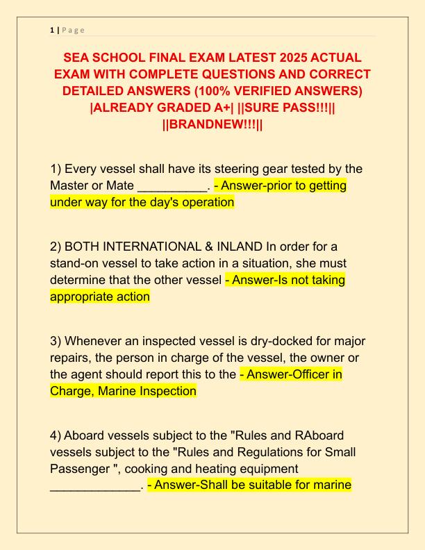 SEA SCHOOL FINAL EXAM LATEST 2025 ACTUAL EXAM WITH COMPLETE QUESTIONS AND CORRECT DETAILED ANSWERS