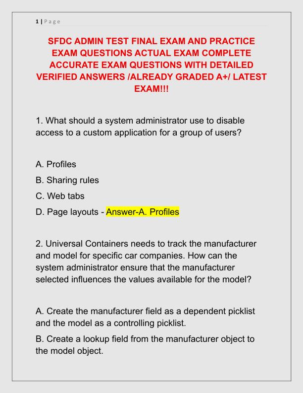 SFDC ADMIN TEST FINAL EXAM AND PRACTICE EXAM QUESTIONS ACTUAL EXAM COMPLETE ACCURATE EXAM QUESTIONS WITH DETAILED VERIFIED ANSWERS