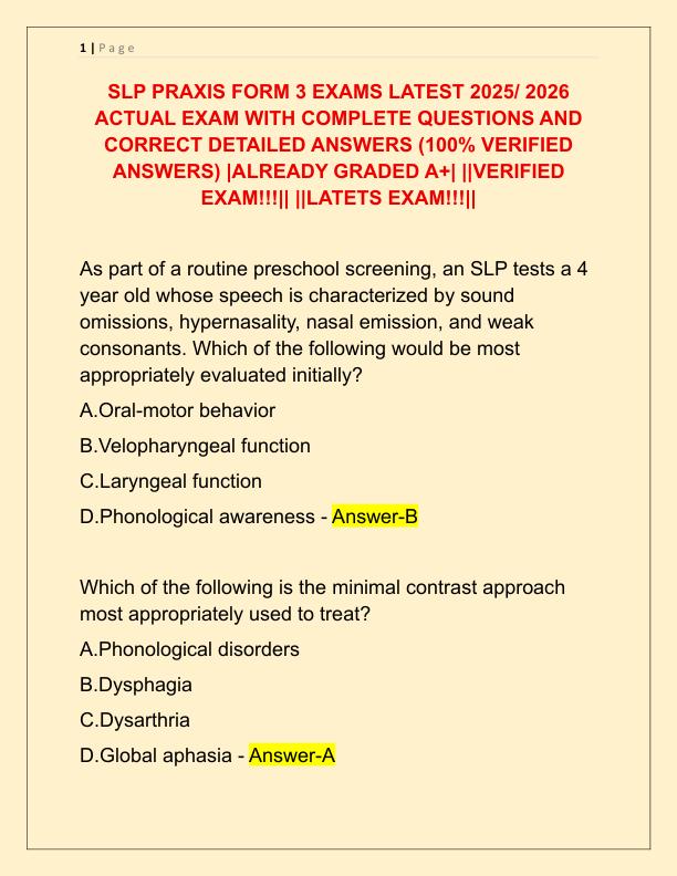 SLP PRAXIS FORM 3 EXAMS LATEST 2025