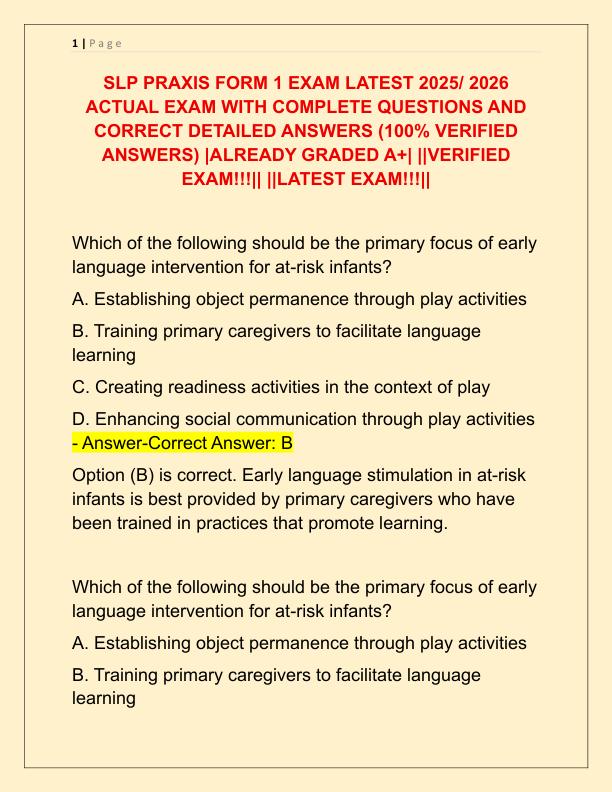 SLP PRAXIS FORM 1 EXAM LATEST 2025