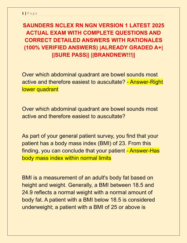 SAUNDERS NCLEX RN NGN VERSION 1 LATEST 2025 ACTUAL EXAM WITH COMPLETE QUESTIONS AND CORRECT DETAILED ANSWERS WITH RATIONALES