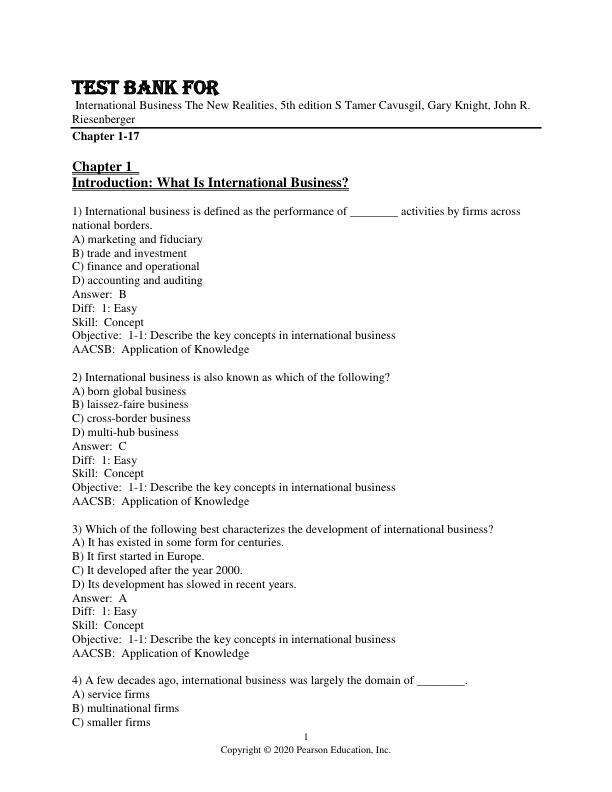 Test Bank For International Business The New Realities, 5th Edition by S Tamer Cavusgil, Gary Knight, John R. Riesenberger Chapter 1-17