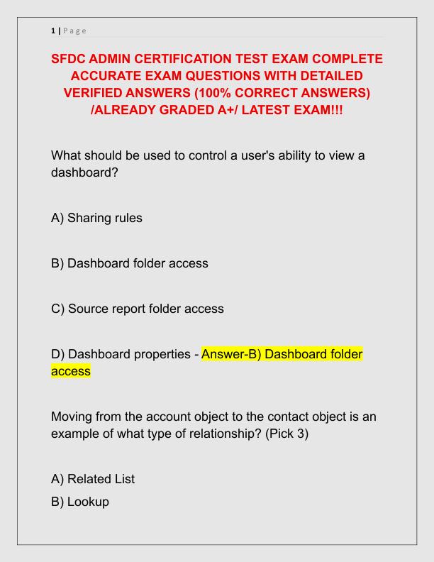SFDC ADMIN CERTIFICATION TEST EXAM COMPLETE ACCURATE EXAM QUESTIONS WITH DETAILED VERIFIED ANSWERS