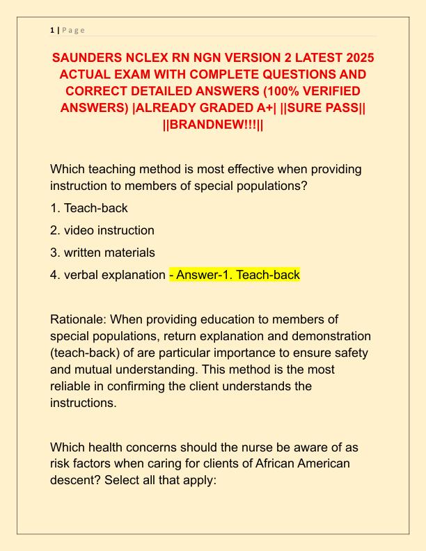 SAUNDERS NCLEX RN NGN VERSION 2 LATEST 2025 ACTUAL EXAM WITH COMPLETE QUESTIONS AND CORRECT DETAILED ANSWERS