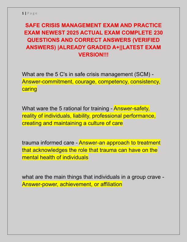 SAFE CRISIS MANAGEMENT EXAM AND PRACTICE EXAM NEWEST 2025 ACTUAL EXAM COMPLETE 230 QUESTIONS AND CORRECT ANSWERS