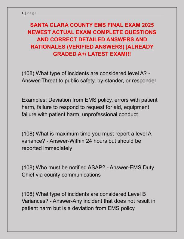 SANTA CLARA COUNTY EMS FINAL EXAM 2025 NEWEST ACTUAL EXAM COMPLETE QUESTIONS AND CORRECT DETAILED ANSWERS AND RATIONALES