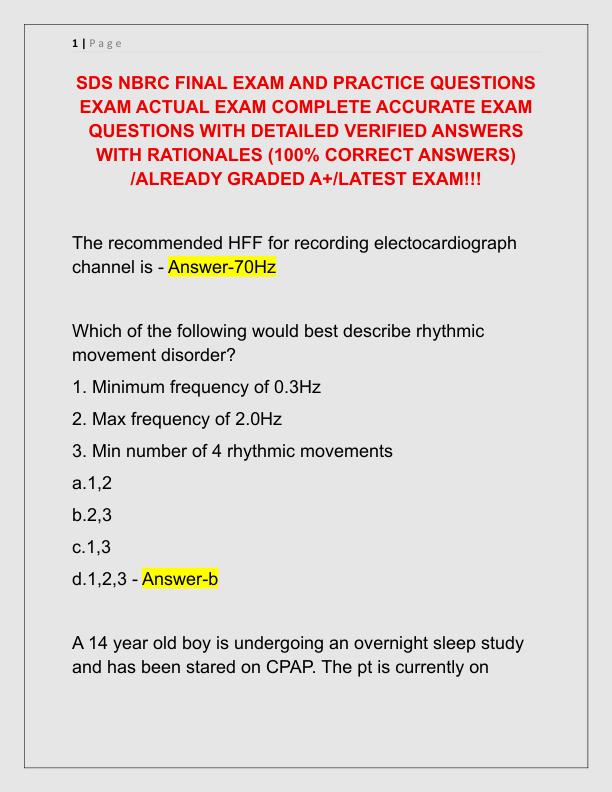 SDS NBRC FINAL EXAM AND PRACTICE QUESTIONS EXAM ACTUAL EXAM COMPLETE ACCURATE EXAM QUESTIONS WITH DETAILED VERIFIED ANSWERS WITH RATIONALES
