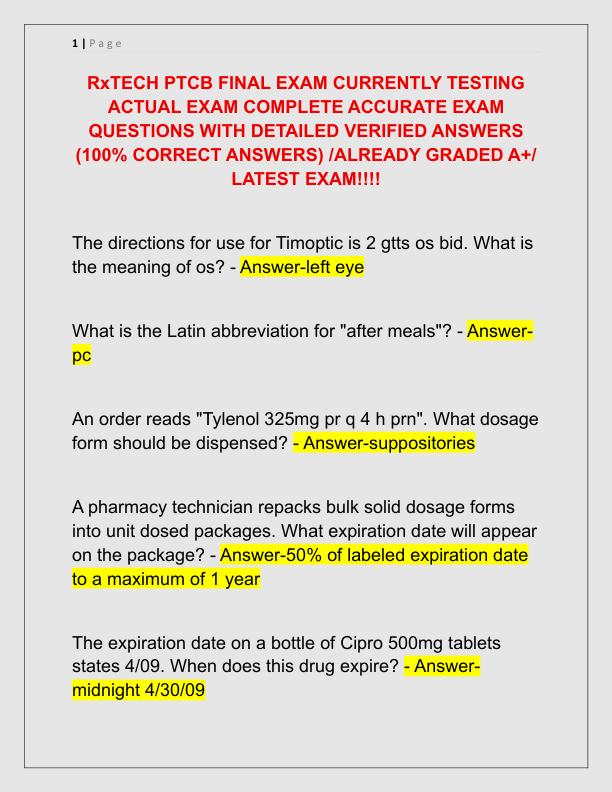 RxTECH PTCB FINAL EXAM CURRENTLY TESTING ACTUAL EXAM COMPLETE ACCURATE EXAM QUESTIONS WITH DETAILED VERIFIED ANSWERS