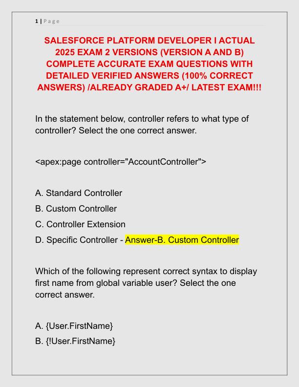 SALESFORCE PLATFORM DEVELOPER I ACTUAL 2025 EXAM 2 VERSIONS