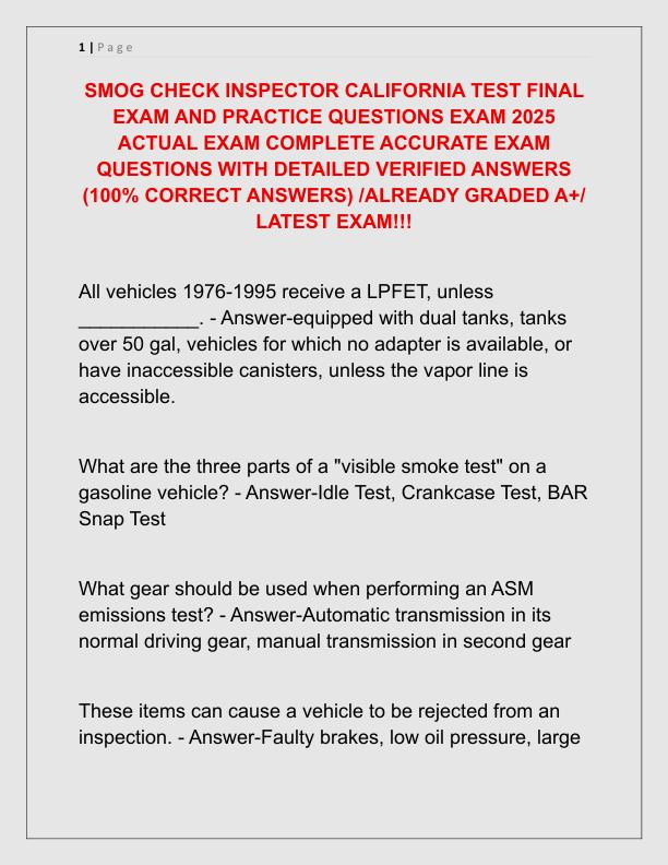 SMOG CHECK INSPECTOR CALIFORNIA TEST FINAL EXAM AND PRACTICE QUESTIONS EXAM 2025 ACTUAL EXAM COMPLETE ACCURATE EXAM QUESTIONS WITH DETAILED VERIFIED ANSWERS