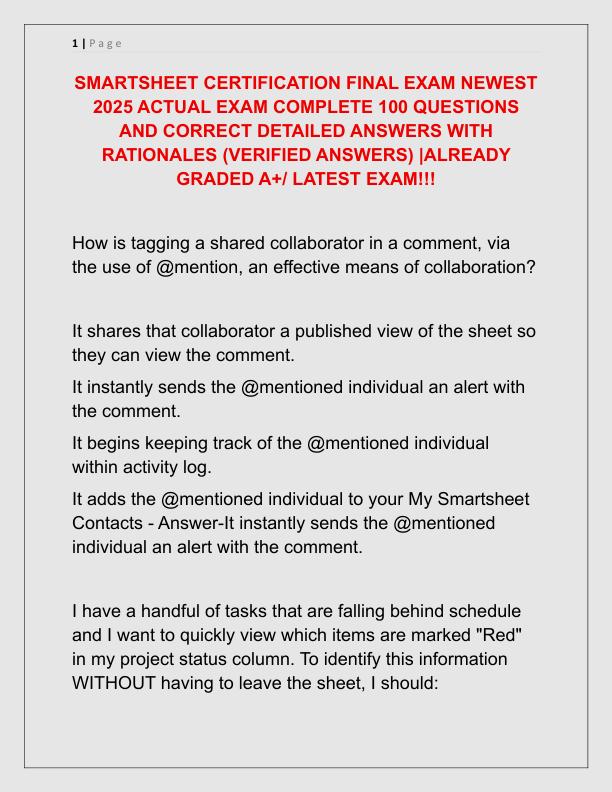 SMARTSHEET CERTIFICATION FINAL EXAM NEWEST 2025 ACTUAL EXAM COMPLETE 100 QUESTIONS AND CORRECT DETAILED ANSWERS WITH RATIONALES