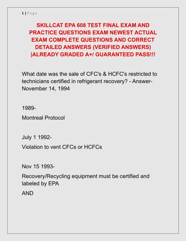 SKILLCAT EPA 608 TEST FINAL EXAM AND PRACTICE QUESTIONS EXAM NEWEST ACTUAL EXAM COMPLETE QUESTIONS AND CORRECT DETAILED ANSWERS