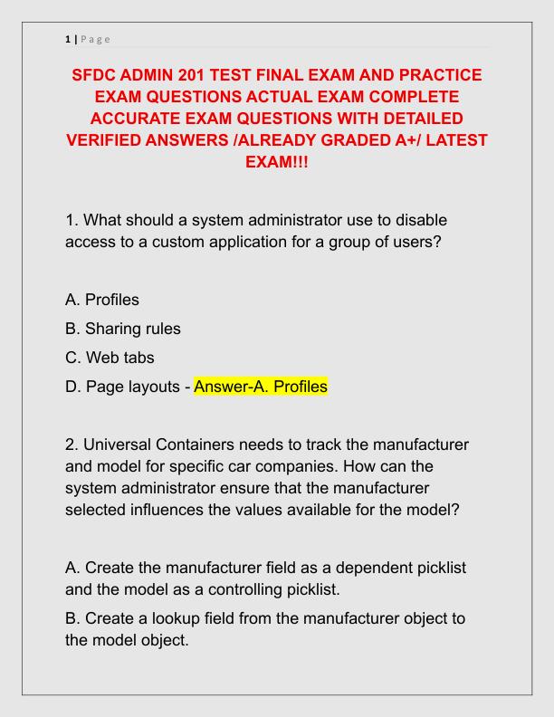 SFDC ADMIN 201 TEST FINAL EXAM AND PRACTICE EXAM QUESTIONS ACTUAL EXAM COMPLETE ACCURATE EXAM QUESTIONS WITH DETAILED VERIFIED ANSWERS