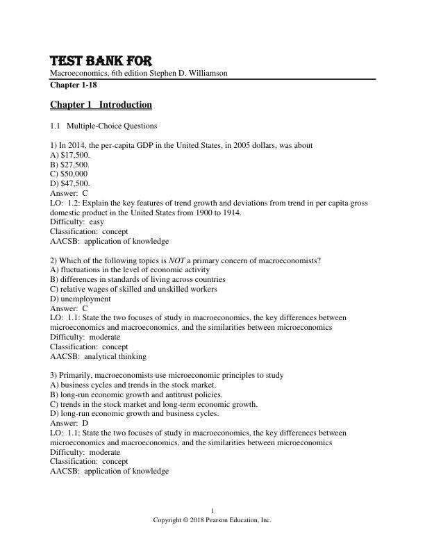 Test Bank For Macroeconomics, 6th Edition by Stephen D. Williamson Chapter 1-18