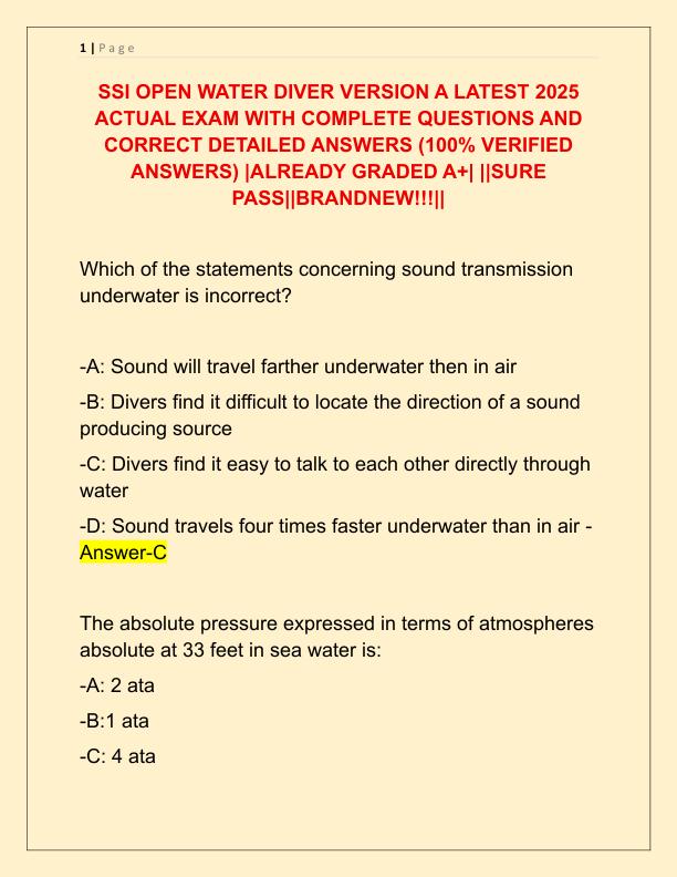 SSI OPEN WATER DIVER VERSION A LATEST 2025 ACTUAL EXAM WITH COMPLETE QUESTIONS AND CORRECT DETAILED ANSWERS