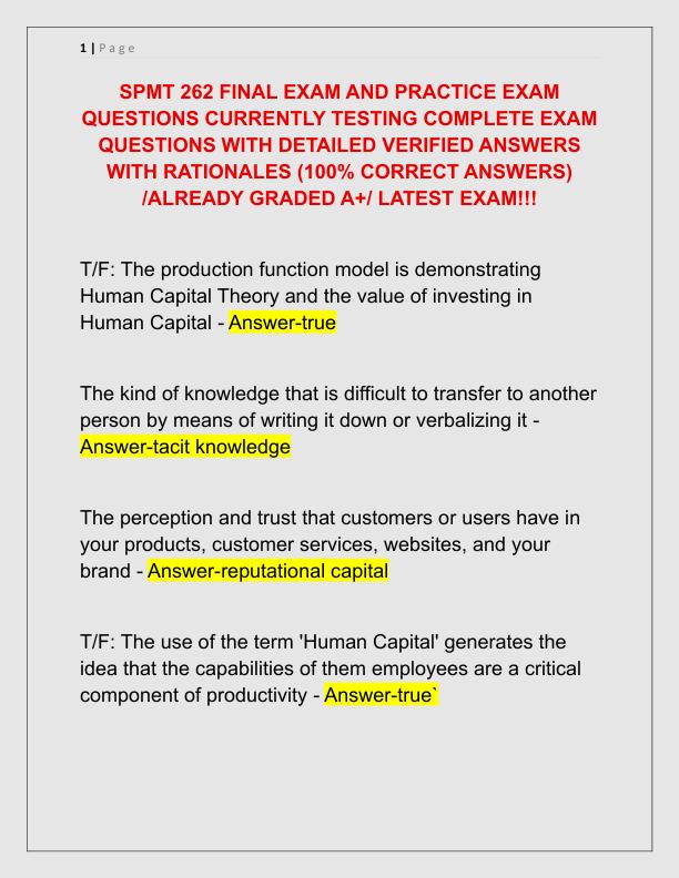 SPMT 262 FINAL EXAM AND PRACTICE EXAM QUESTIONS CURRENTLY TESTING COMPLETE EXAM QUESTIONS WITH DETAILED VERIFIED ANSWERS WITH RATIONALES