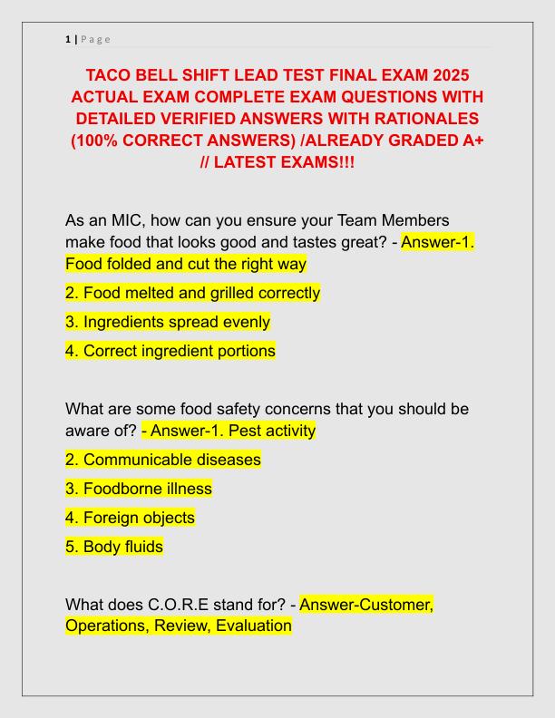 TACO BELL SHIFT LEAD TEST FINAL EXAM 2025 ACTUAL EXAM COMPLETE EXAM QUESTIONS WITH DETAILED VERIFIED ANSWERS WITH RATIONALES