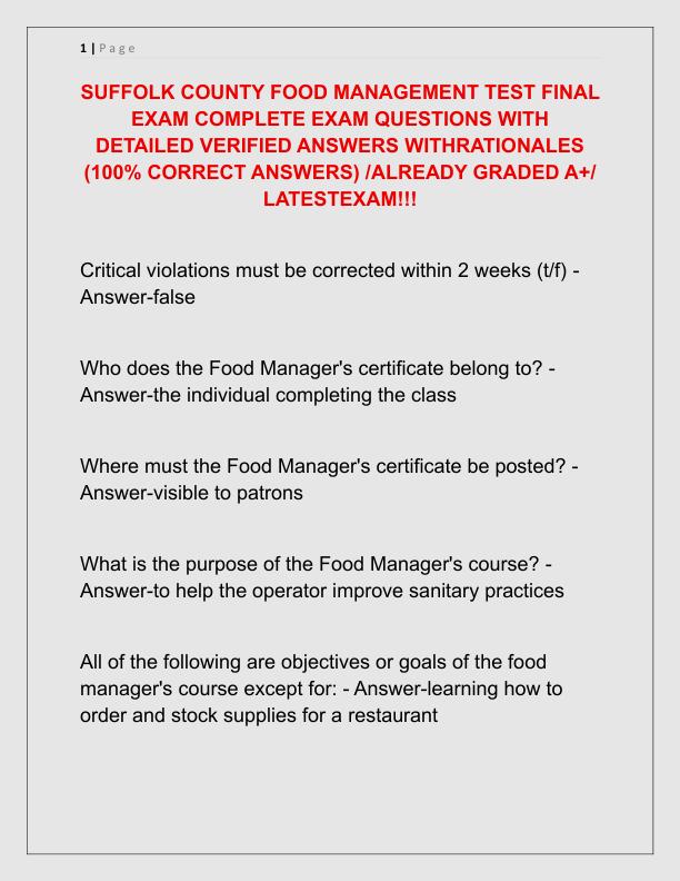 SUFFOLK COUNTY FOOD MANAGEMENT TEST FINAL EXAM COMPLETE EXAM QUESTIONS WITH DETAILED VERIFIED ANSWERS WITHRATIONALES