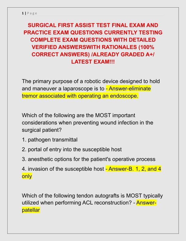 SURGICAL FIRST ASSIST TEST FINAL EXAM AND PRACTICE EXAM QUESTIONS CURRENTLY TESTING COMPLETE EXAM QUESTIONS WITH DETAILED VERIFIED ANSWERSWITH RATIONALES