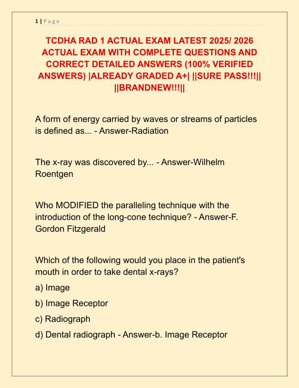 TCDHA RAD 1 ACTUAL EXAM LATEST 2025