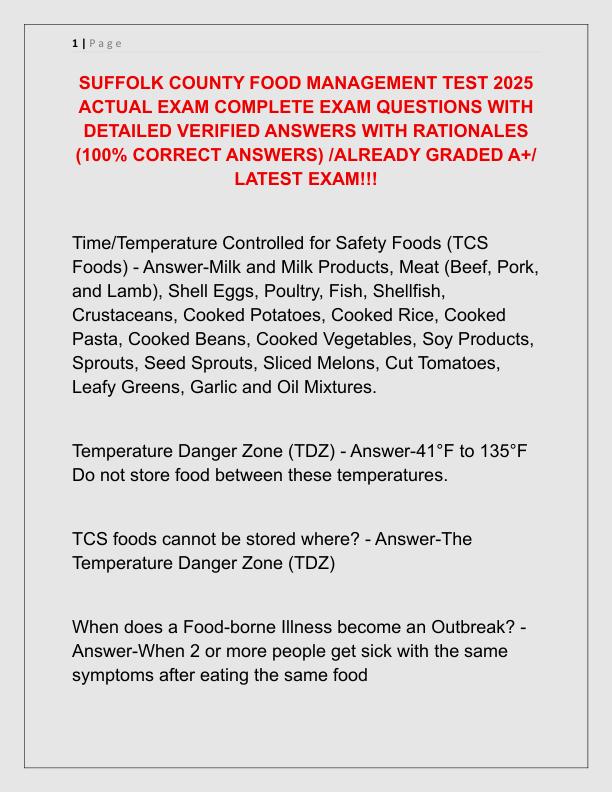 SUFFOLK COUNTY FOOD MANAGEMENT TEST 2025 ACTUAL EXAM COMPLETE EXAM QUESTIONS WITH DETAILED VERIFIED ANSWERS WITH RATIONALES