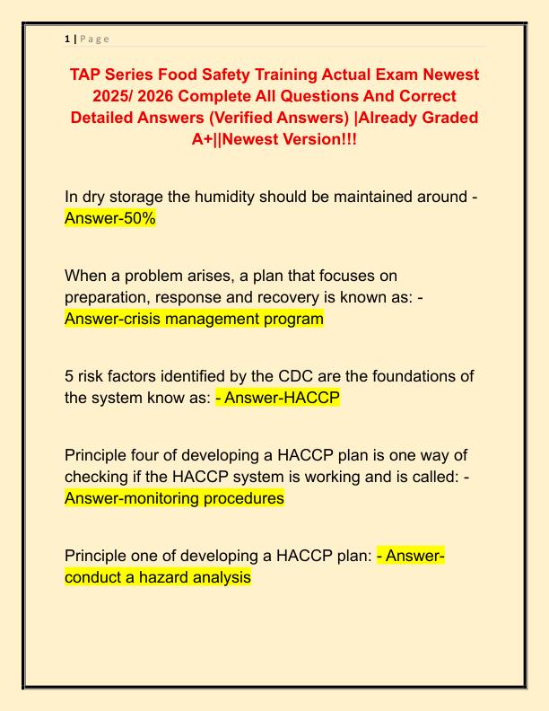 TAP Series Food Safety Training Actual Exam Newest 2025