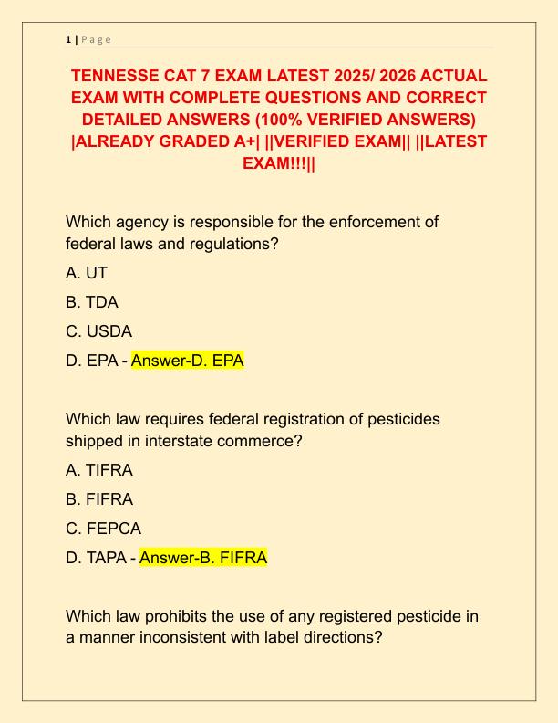 TENNESSE CAT 7 EXAM LATEST 2025