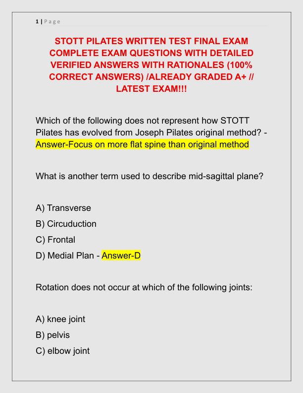 STOTT PILATES WRITTEN TEST FINAL EXAM COMPLETE EXAM QUESTIONS WITH DETAILED VERIFIED ANSWERS WITH RATIONALES
