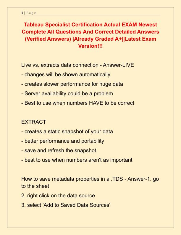 Tableau Specialist Certification Actual EXAM Newest Complete All Questions And Correct Detailed Answers