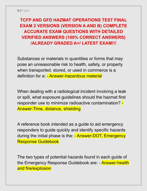 TCFP AND GFD HAZMAT OPERATIONS TEST FINAL EXAM 2 VERSIONS