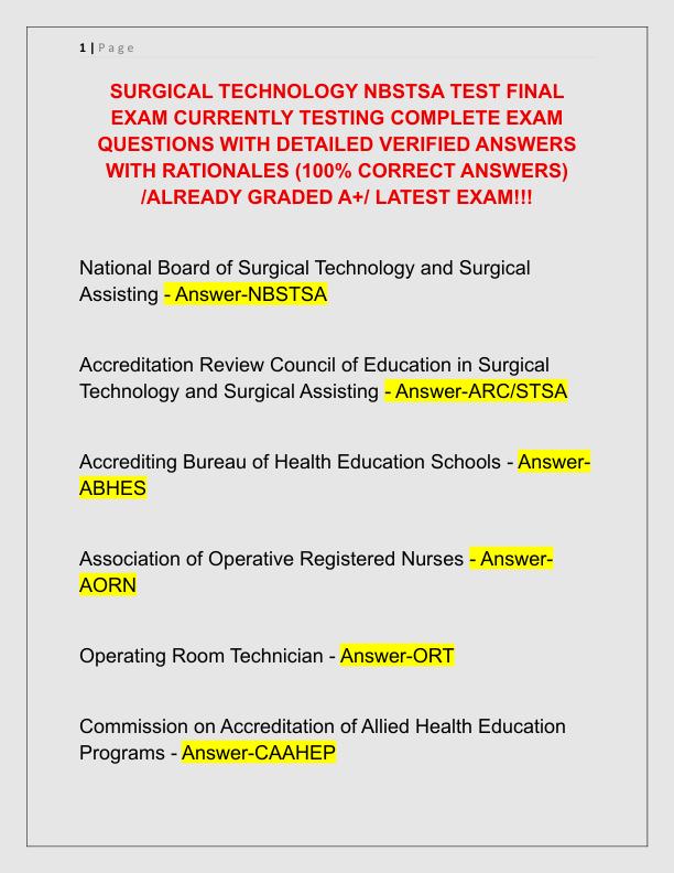 SURGICAL TECHNOLOGY NBSTSA TEST FINAL EXAM CURRENTLY TESTING COMPLETE EXAM QUESTIONS WITH DETAILED VERIFIED ANSWERS WITH RATIONALES
