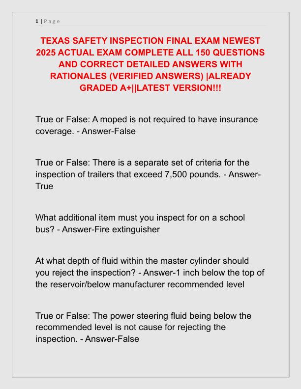 TEXAS SAFETY INSPECTION FINAL EXAM NEWEST 2025 ACTUAL EXAM COMPLETE ALL 150 QUESTIONS AND CORRECT DETAILED ANSWERS WITH RATIONALES