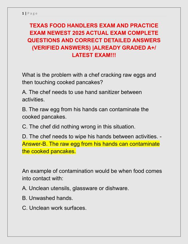 TEXAS FOOD HANDLERS EXAM AND PRACTICE EXAM NEWEST 2025 ACTUAL EXAM COMPLETE QUESTIONS AND CORRECT DETAILED ANSWERS