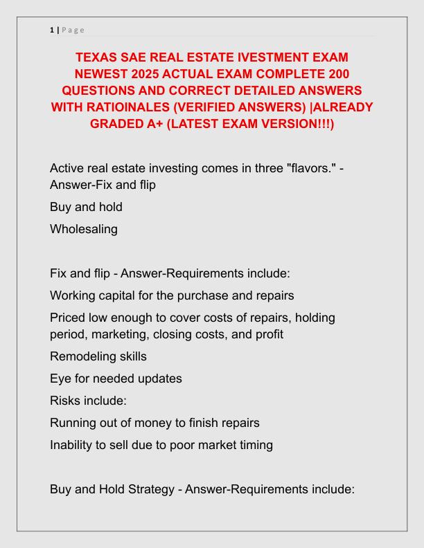 TEXAS SAE REAL ESTATE IVESTMENT EXAM NEWEST 2025 ACTUAL EXAM COMPLETE 200 QUESTIONS AND CORRECT DETAILED ANSWERS WITH RATIOINALES